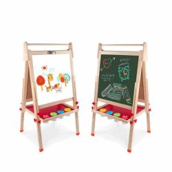 Kids Wooden Art Easel Double-Sided Whiteboard and Chalkboard Adjustable Standing Easel with Paper Roll Holder